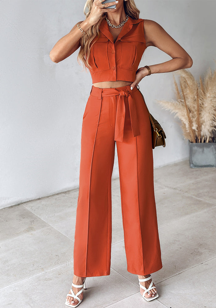 Women Pocket Vest + Straight Pants Two-piece Set