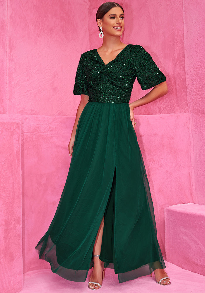 Women Elegant Sequin Short Sleeve Patchwork V-Neck Dress