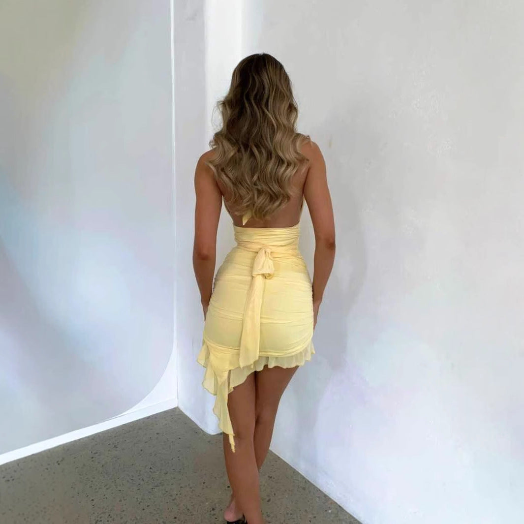 Women Autumn and Winter Solid Lace-Up Backless Ruffle Edge Halter Neck Dresses