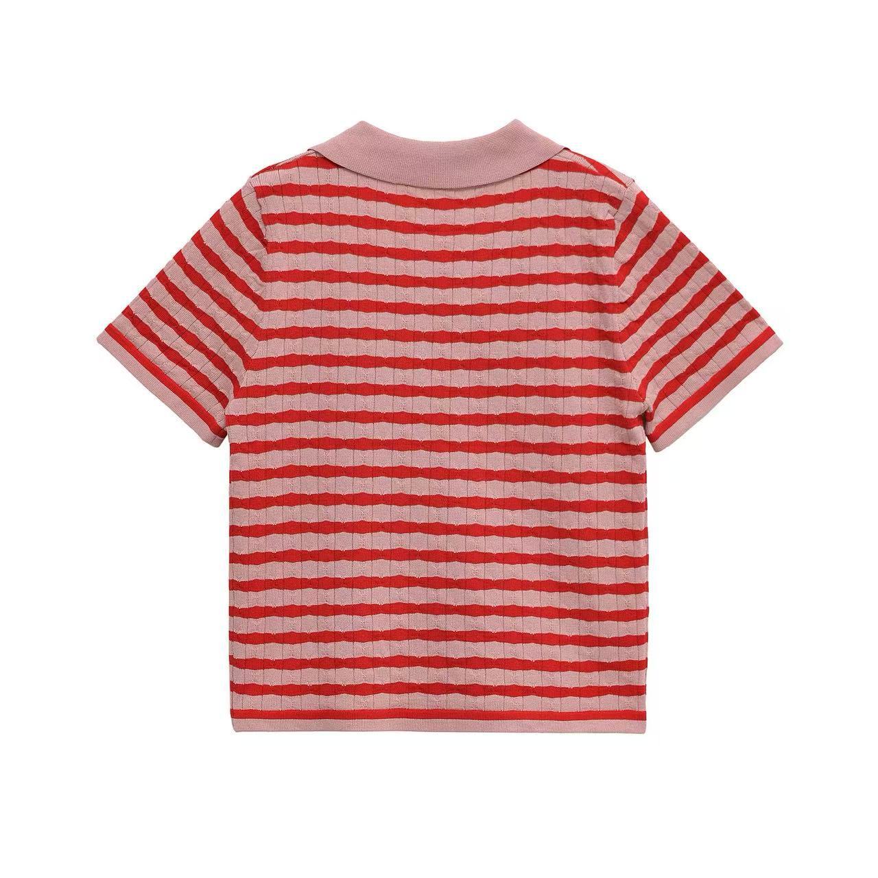 Fashion Turndown Collar Shirt & Striped Bell-Bottom Pants Summer Knit Set 20