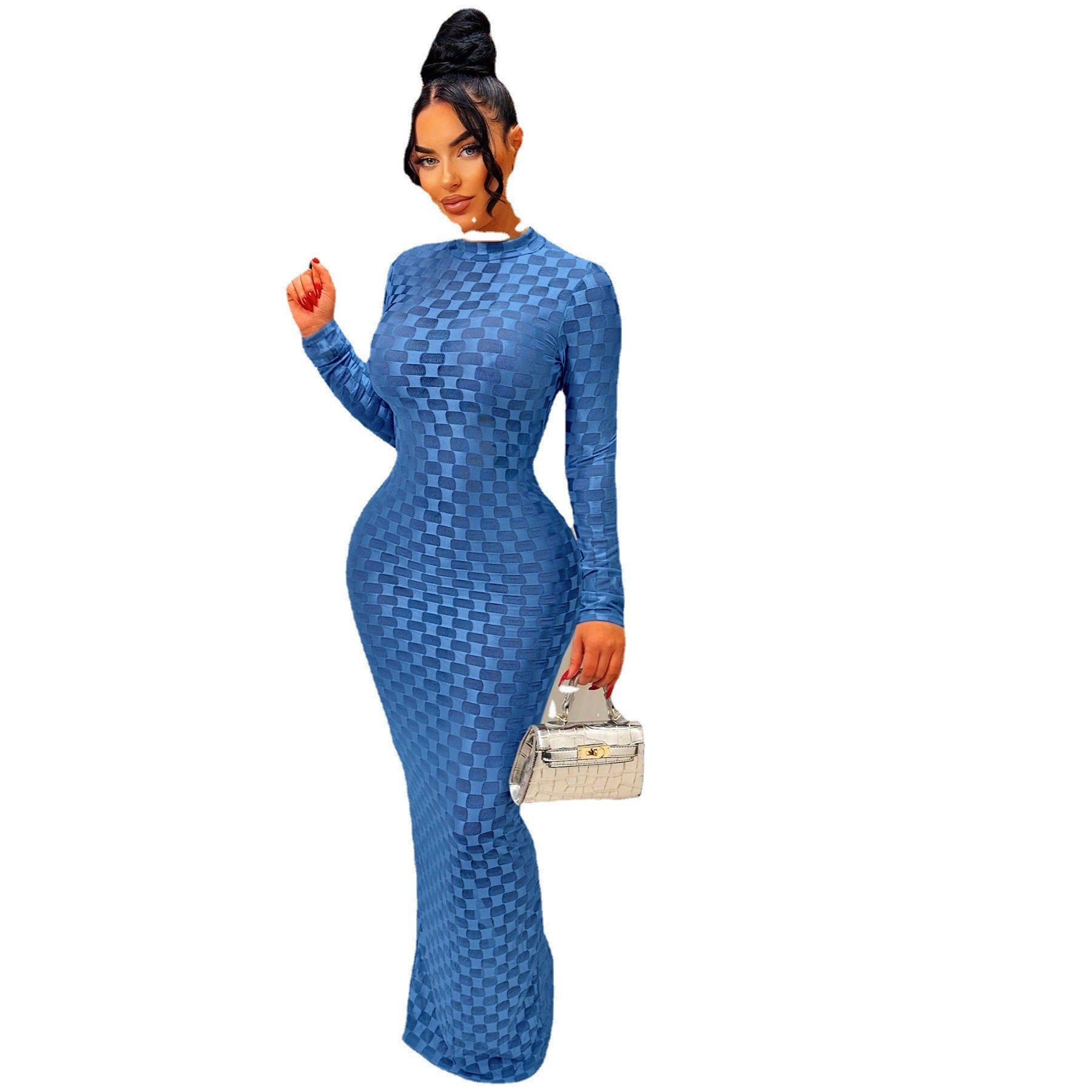 Women's Fashion Mesh Round Neck Slim Fit Long Dress 17