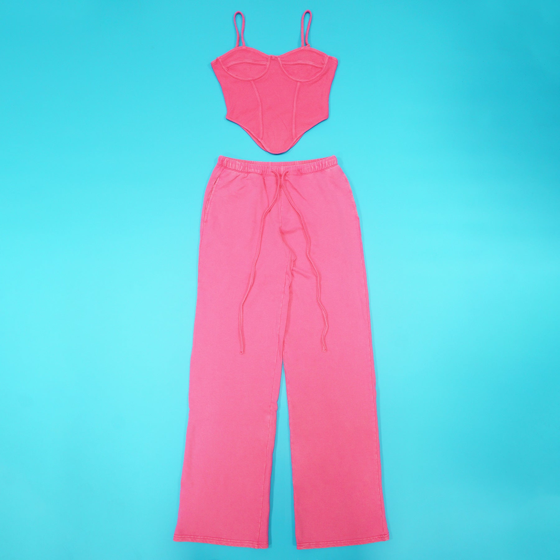 Women Sexy Cotton Washed Strapless Top and Pant Two-Piece Set 14