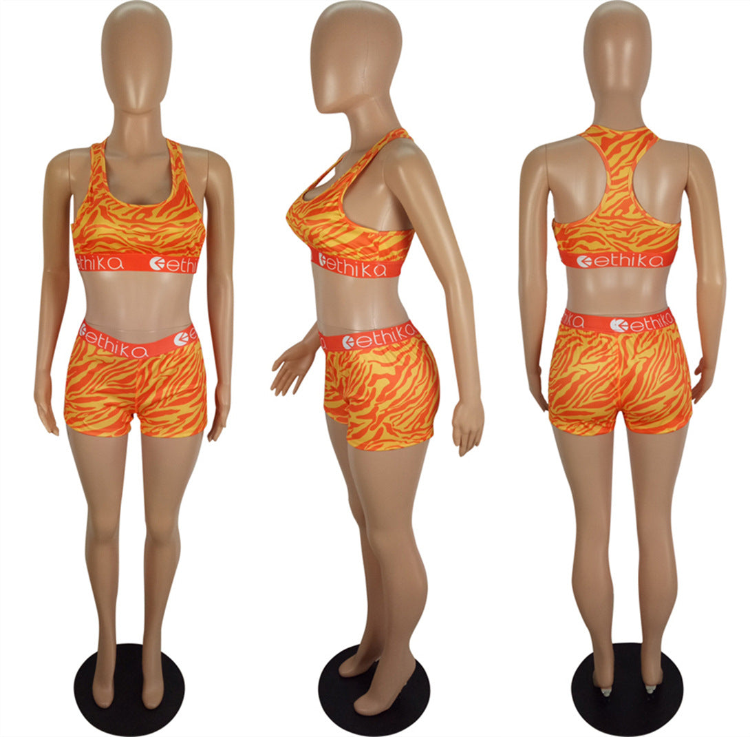 Women's Spring/Summer Slim Style Printed Sports Two-Piece Shorts Set 21