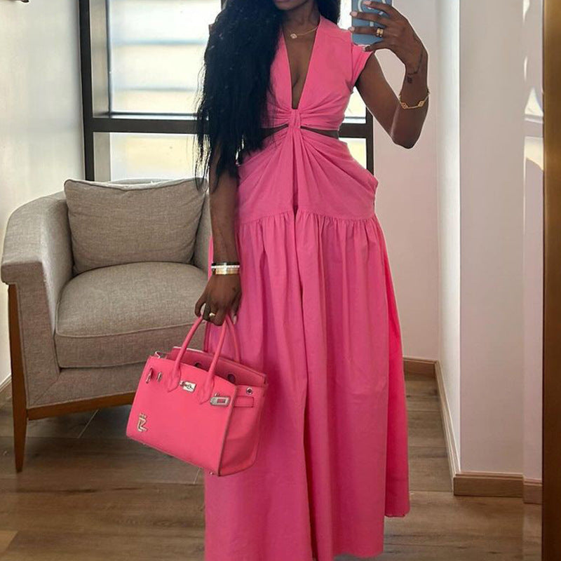 Women's Summer Open Waist Solid Color Long Dress 4