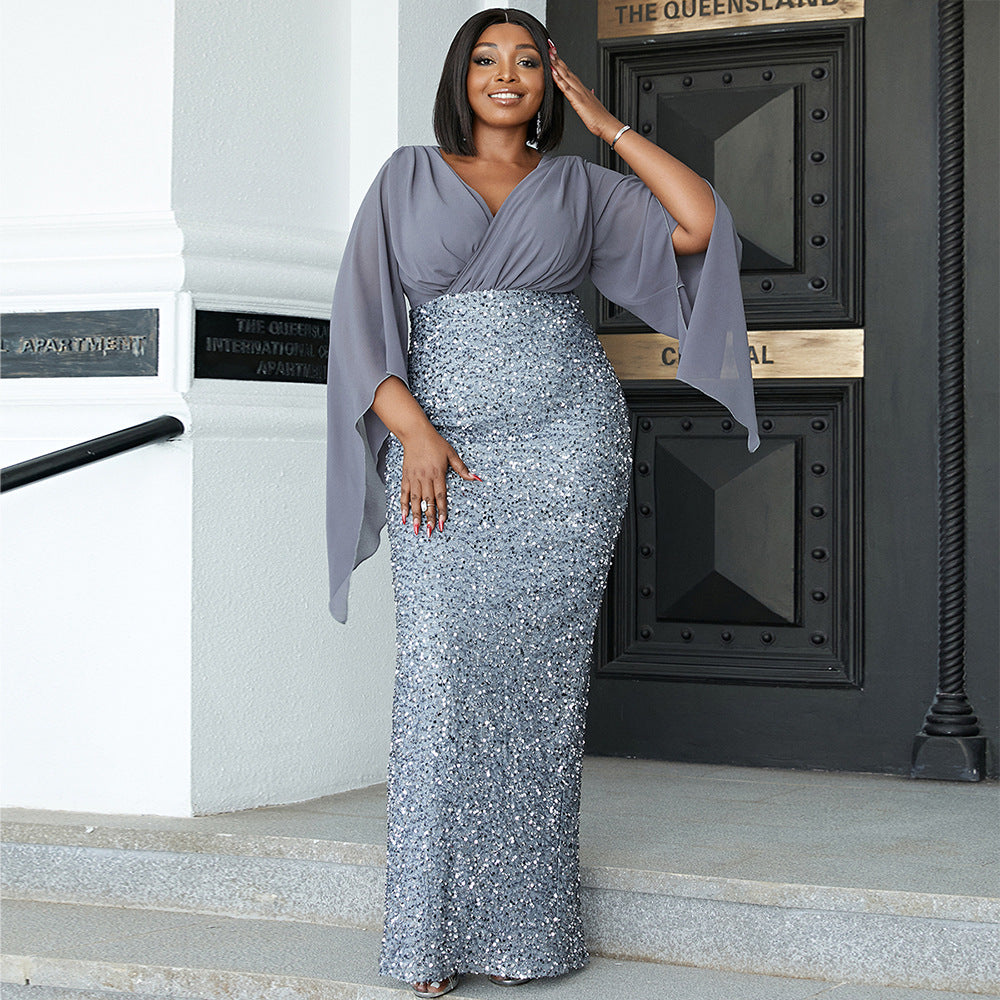 Plus Size Chic Sexy Sequined V-Neck Long Sleeve Formal Party Evening Dress Bridesmaid Dress For Women 8