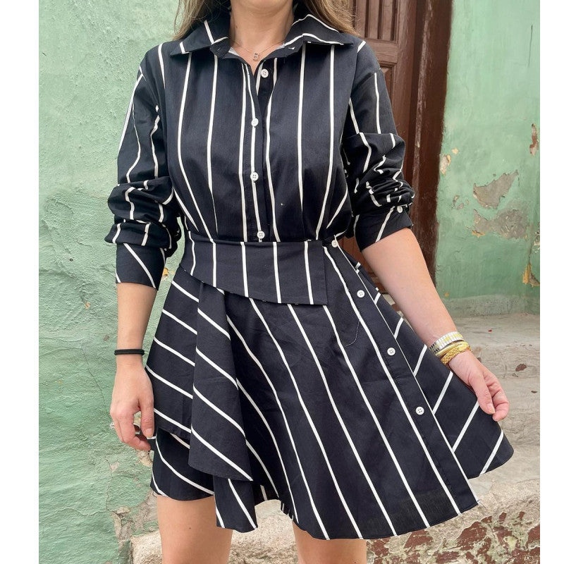 Women fashionable black and white striped print long sleeve dress 5