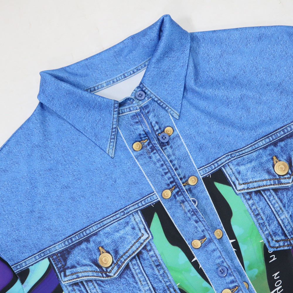 Women's Printed Turndown Collar Long Sleeve Shirt Top Sexy Slim Bodycon Short Skirt Two-Piece Set 12