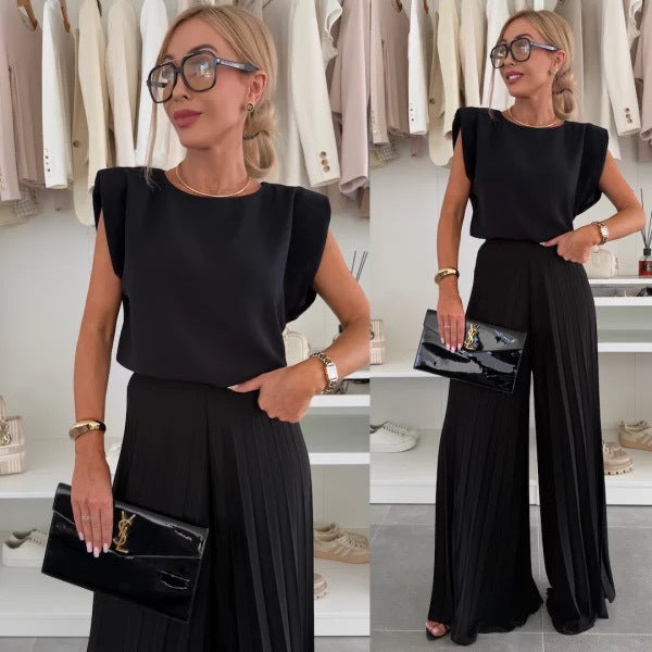 Women Summer Pleated Top and Pleated Wide Leg Pants Two Piece Set 3