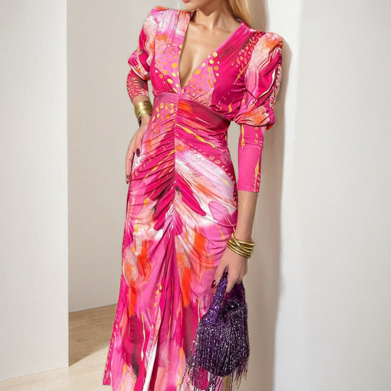 Spring Women's Chic Elegant V-Neck Pleated Slim Waist Dress 3