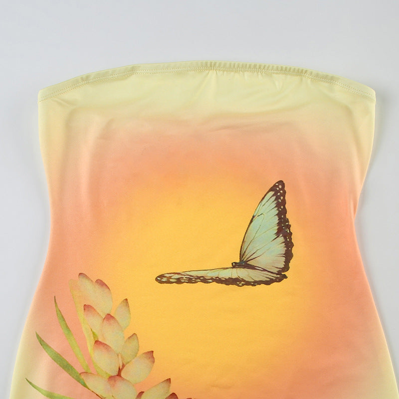 Women Sexy Holidays Butterfly Print Contrast Strapless Bodycon Dress 12