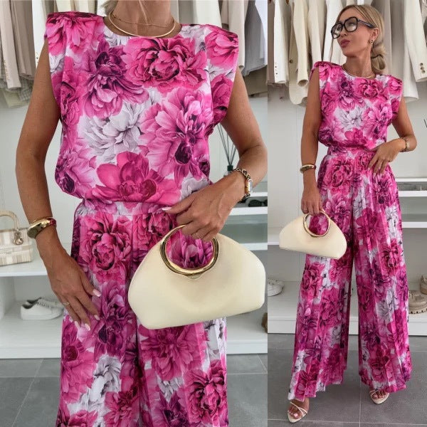 Women Summer Pleated Top and Pleated Wide Leg Pants Two Piece Set 4