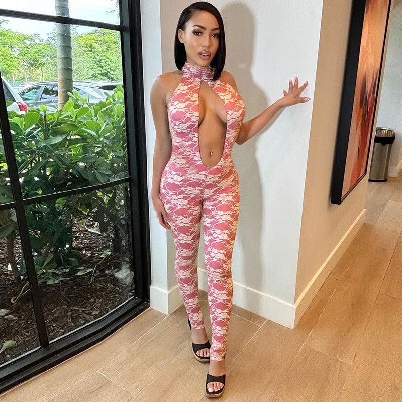 Women Spring and Summer Lace Halter Neck Lace-Up Hollow Backless Jumpsuit 7