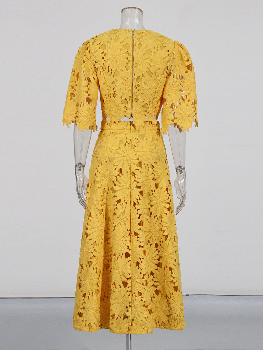 Women's Summer Elegant Embroidered Hollow Round Neck Top Fashion High Waist Skirt Two-Piece Set 7