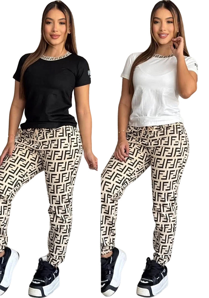 Summer/Autumn Short-Sleeve Trendy Print Casual STwo-Piece Pants Set