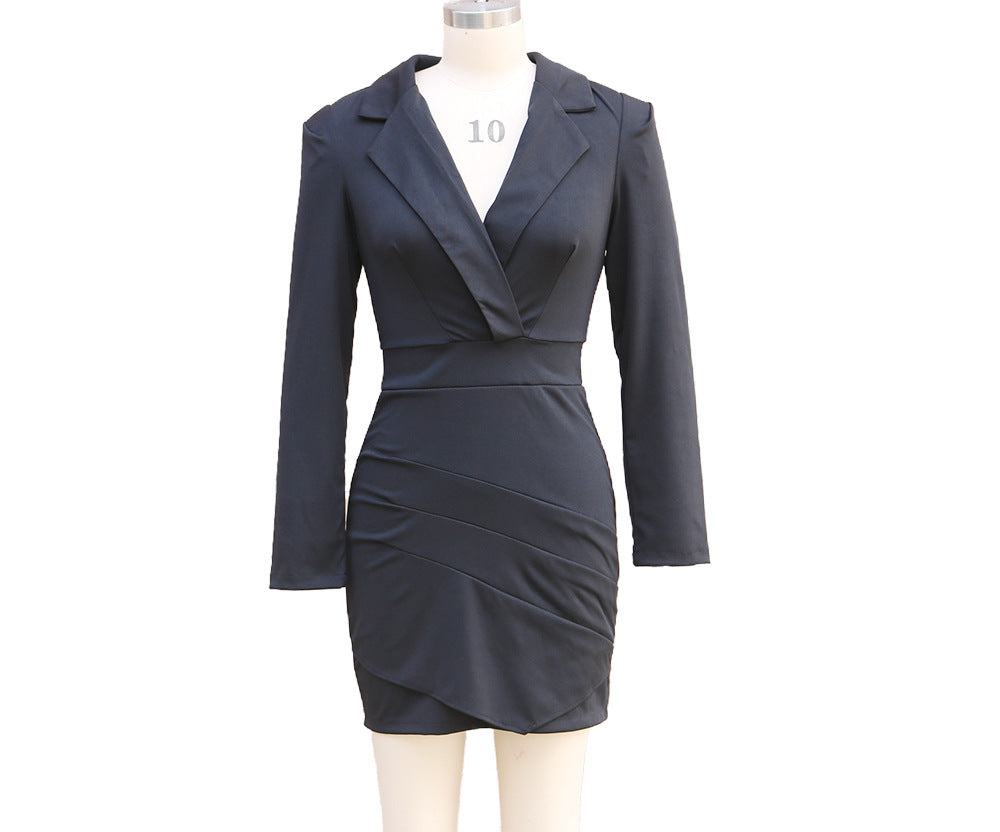 Women long-sleeved Turndown Collar Bodycon Dress 11