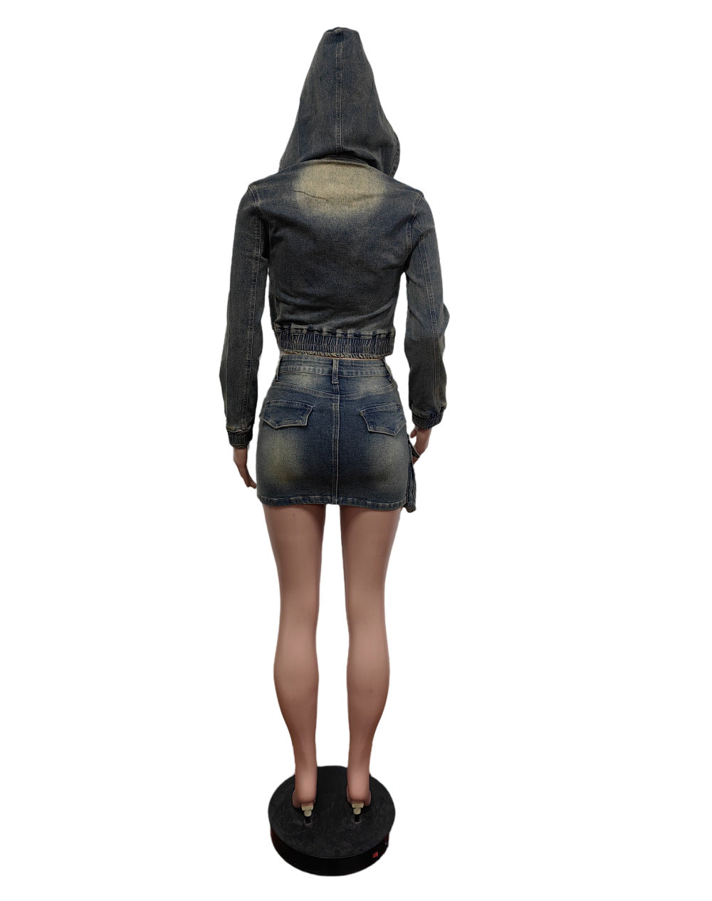 Denim Suit Stretch Denim Hooded Jacket Skirt Two Piece Set 4