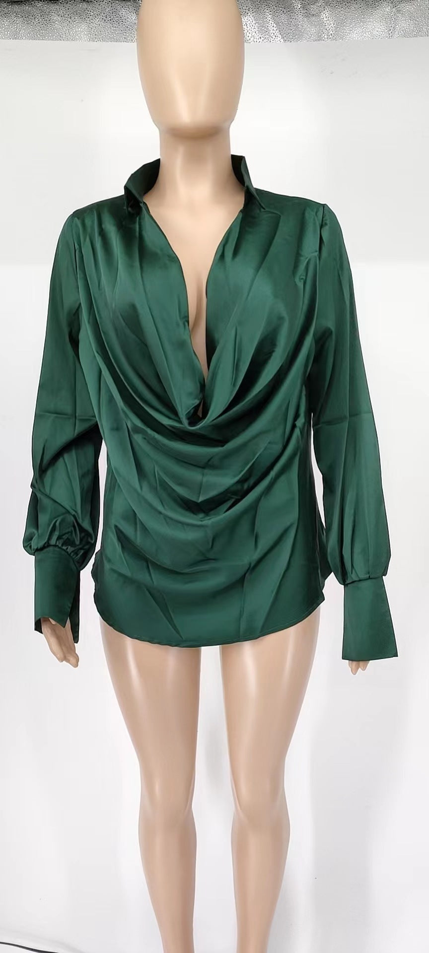 Women Satin Long Sleeve Deep V-Neck Shirt 14