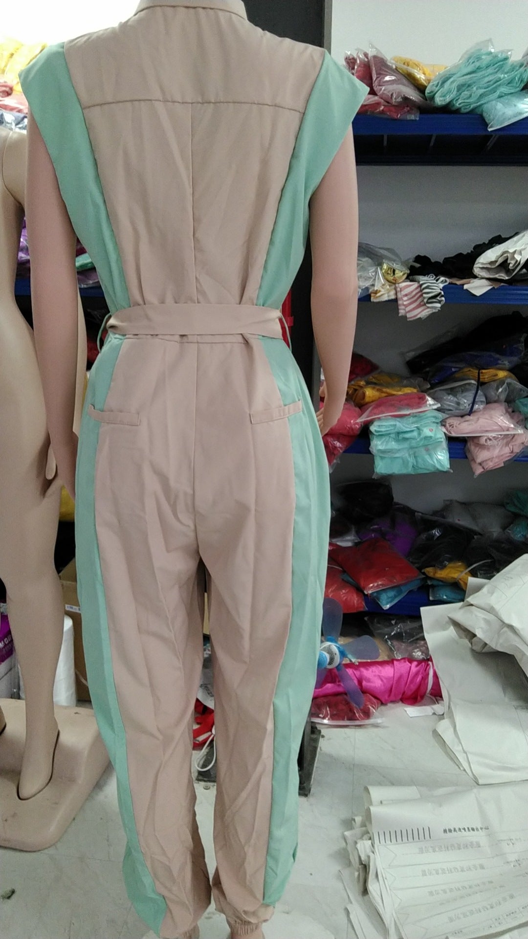 Women's Color Matching Fashion Turndown Collar Button Belt Jumpsuit 6