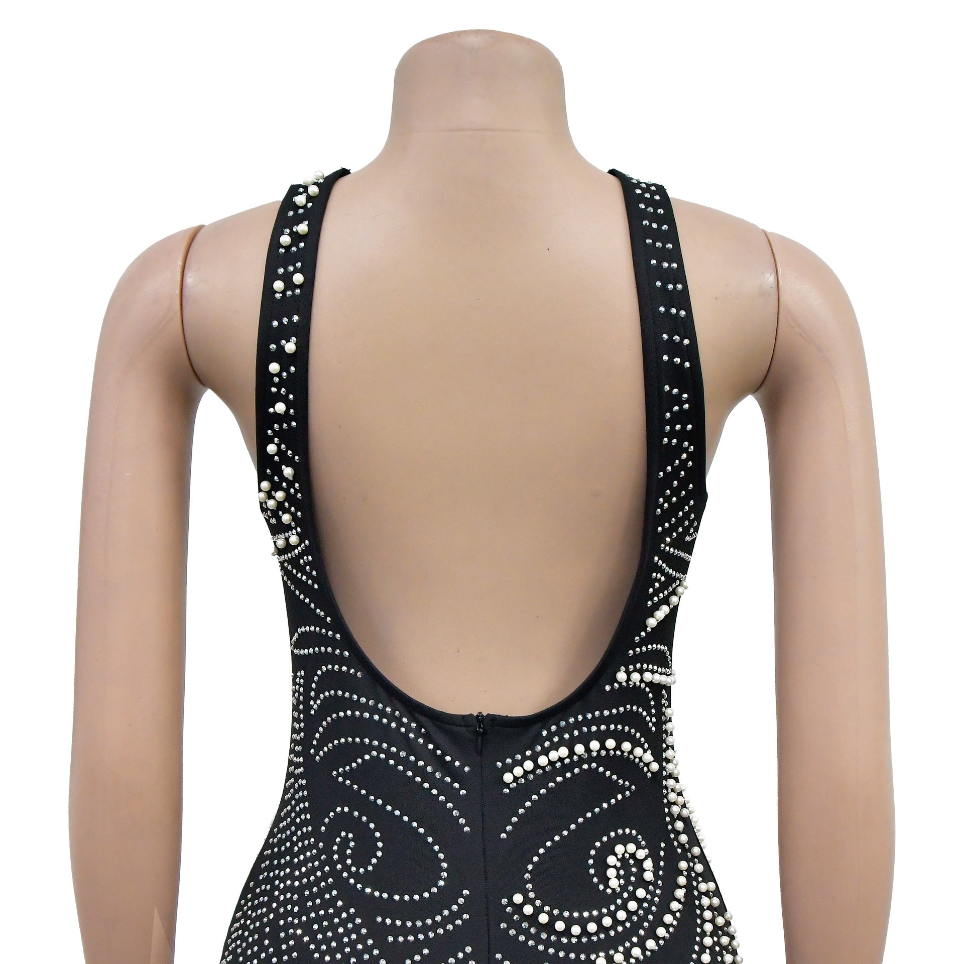 Women Solid Beaded Slit Backless Dress 14