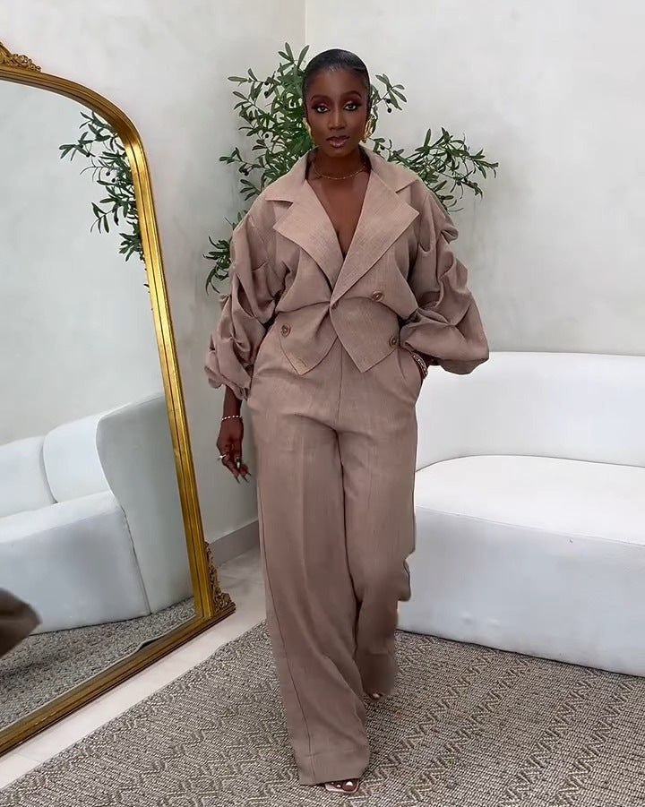 Career Casual Turndown Collar Pleated Sleeve Wide-Leg Pants Set 8