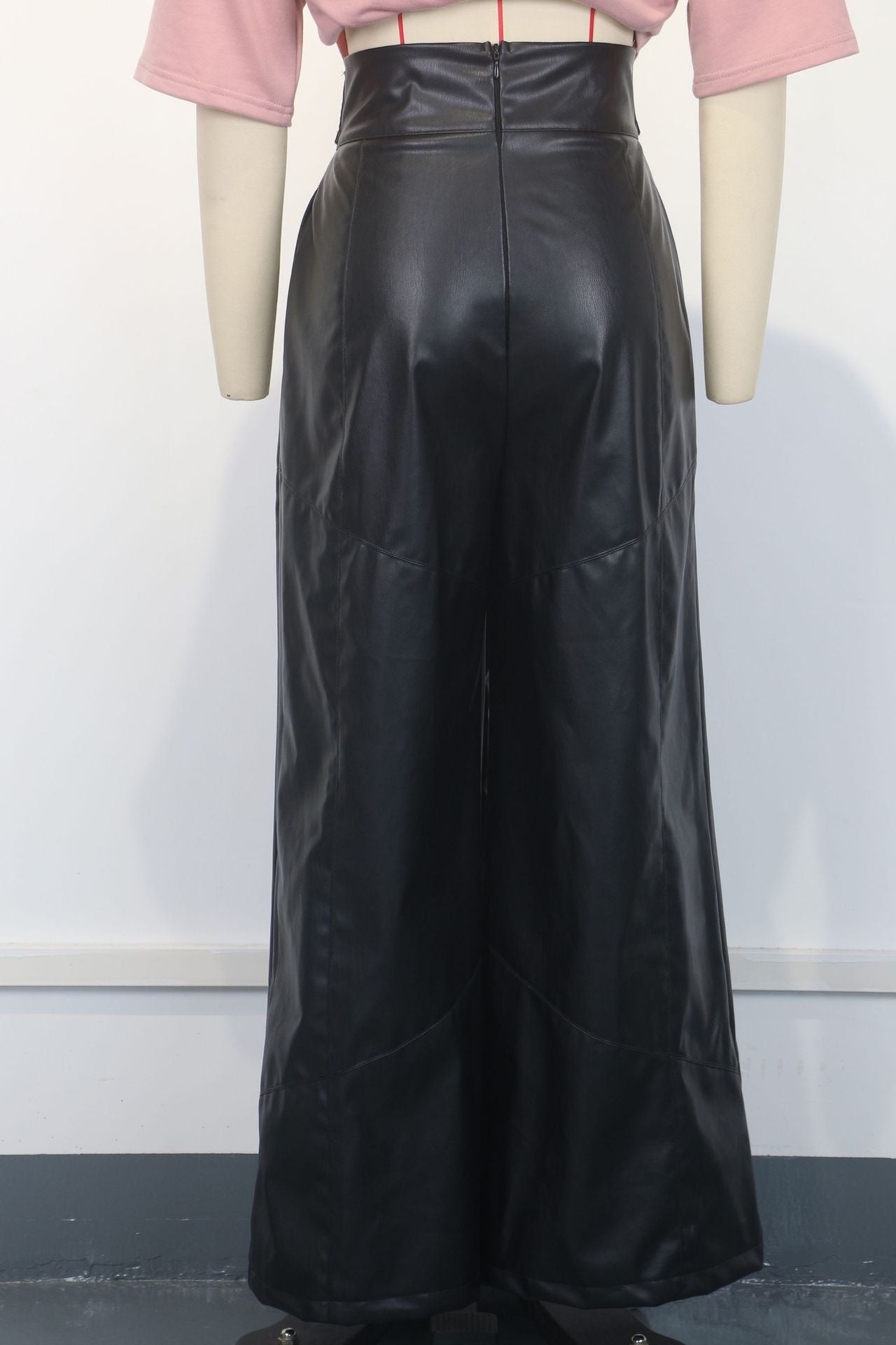 Fashion Women High Waist Loose Pocket Slim Waist Pu Leather Bell Bottom Casual Pants 11