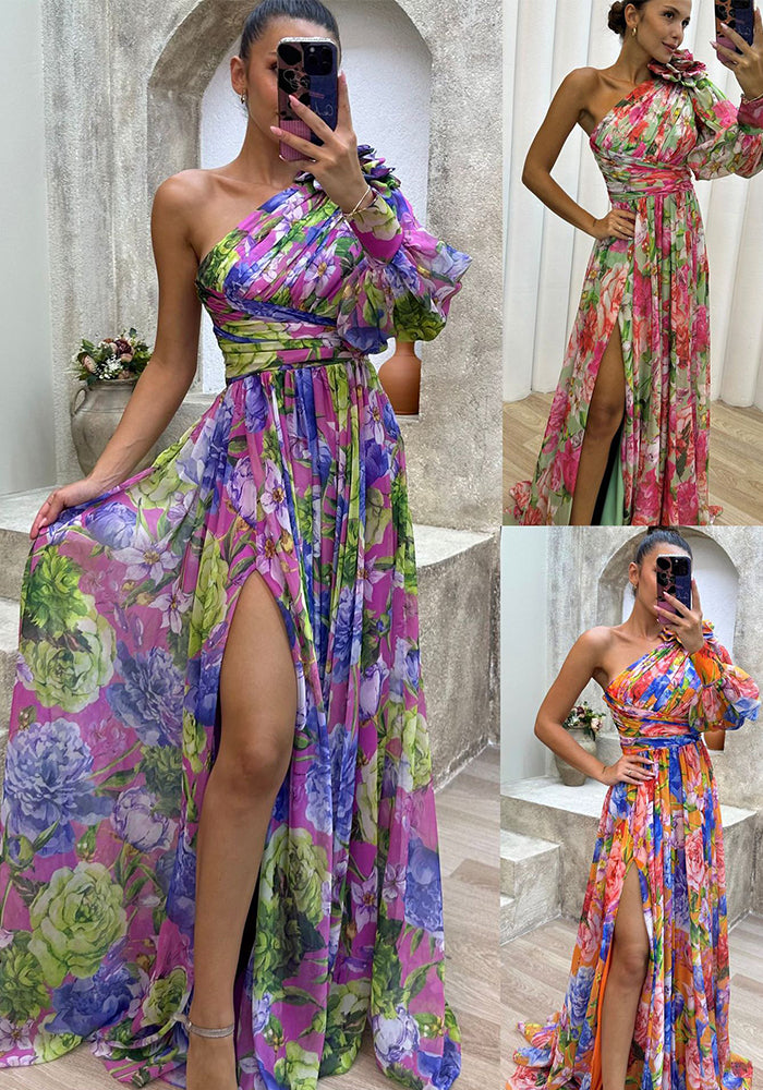 Autumn and Winter Loose Multicolor Slash Shoulder Slit Loose party Dress