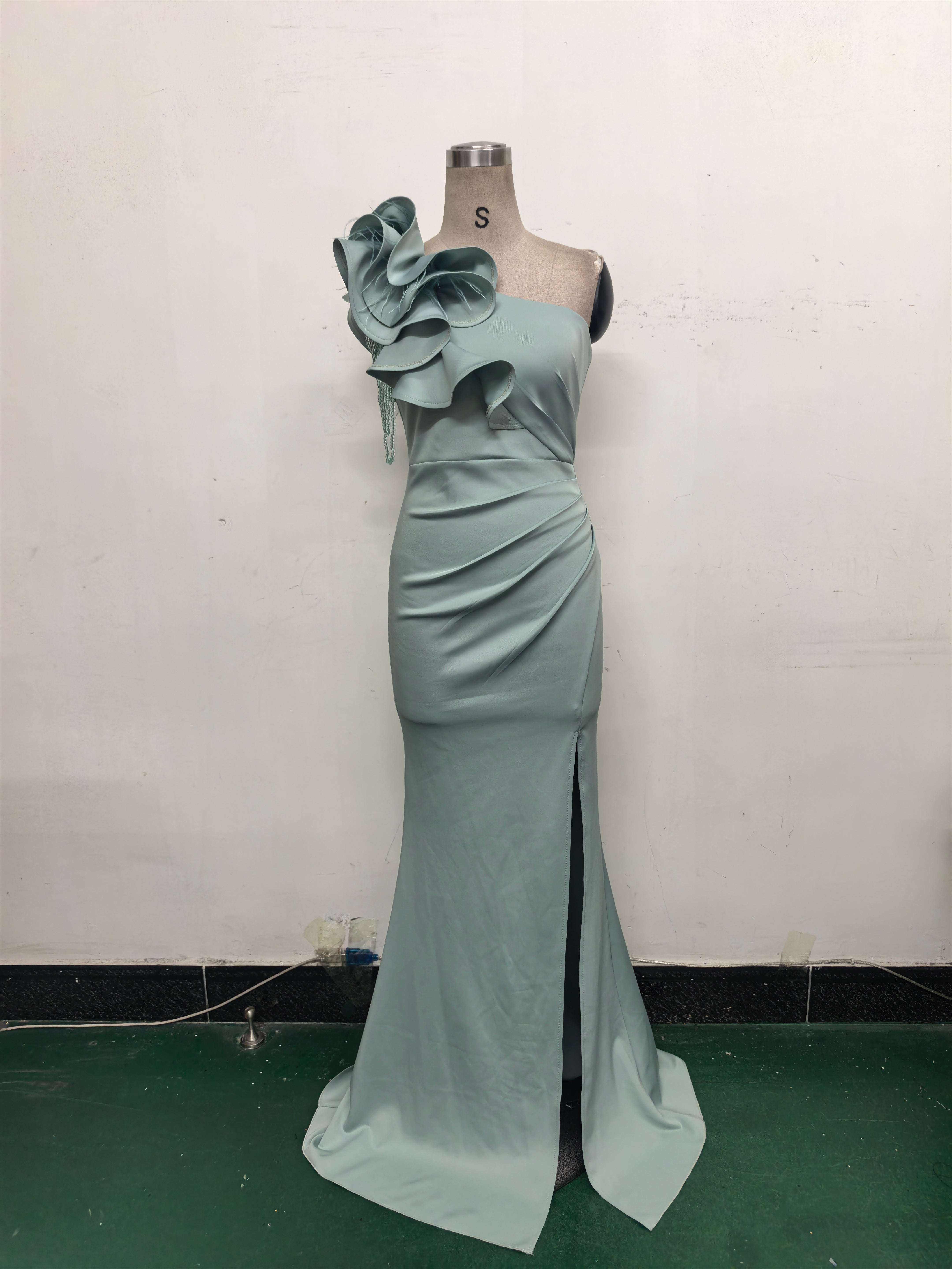 Women One-Shoulder Beaded Wool and Floral Satin Slit Sexy Evening Dress 16