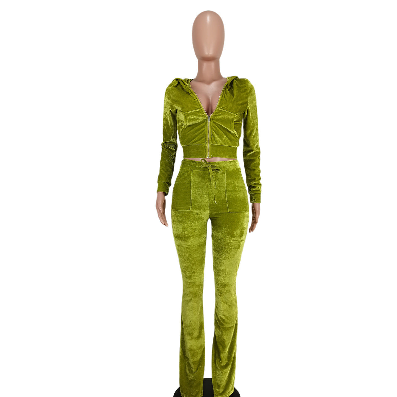 Women's Solid Velvet Casual Zipper Hoodies Wide Leg Pants Two Piece Set 37