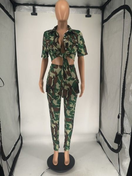 Women Fall Winter Fashion Print Cargo Style Casual Two-Piece Pants Set 17