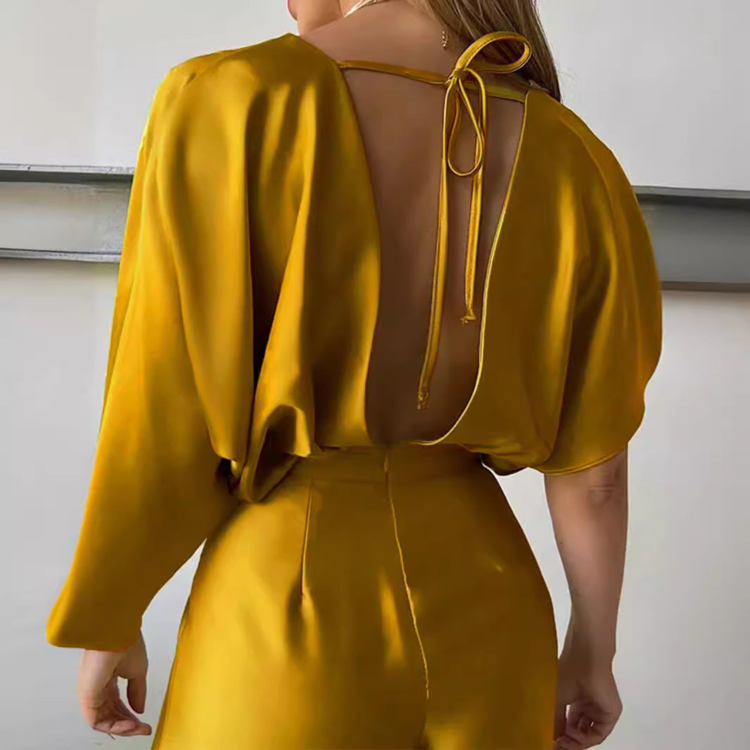 Plus Size Solid Color Satin V-Neck Loose Jumpsuit