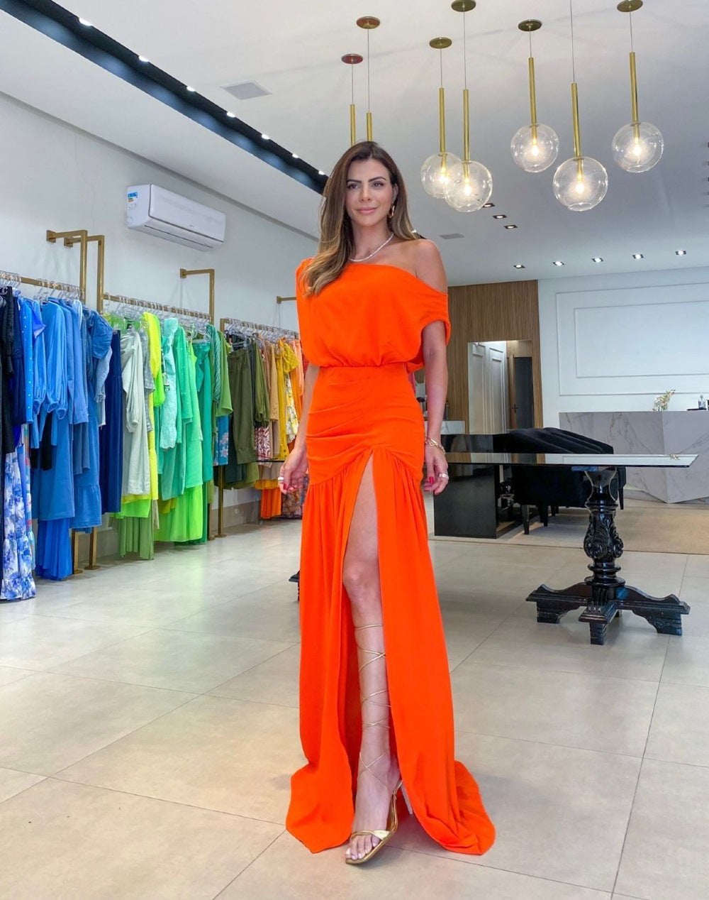 Solid Sexy Slash Shoulder Off-Shoulder Slim Waist Slit Gown Dress 4