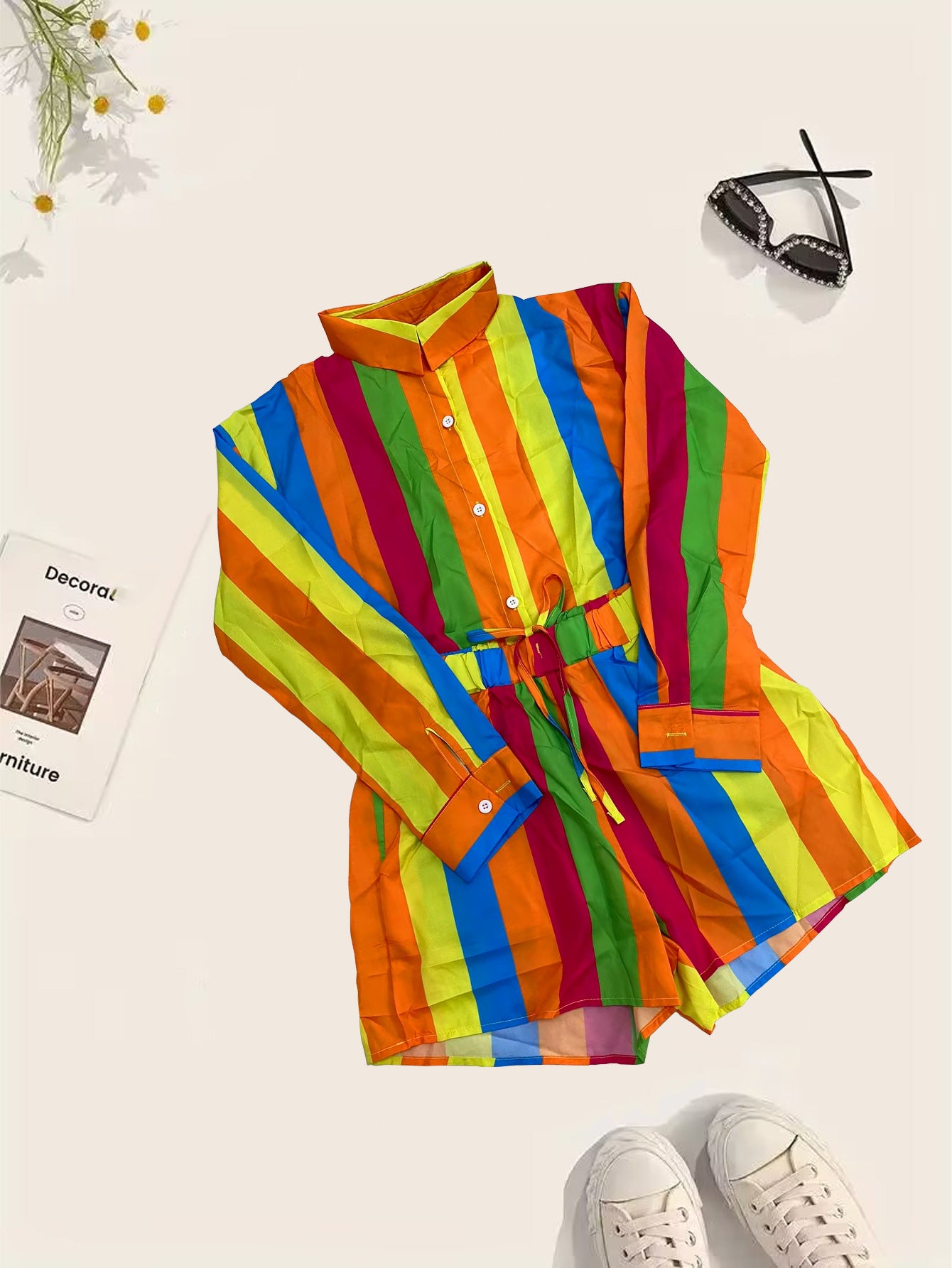 Women Popular Stripe Top and Shorts Casual Two-piece Set 10