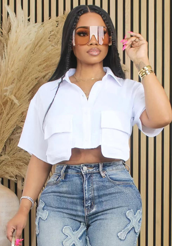 Spring Summer Women's Short Sleeve Solid Color Short Sleeve Crop Shirt 3