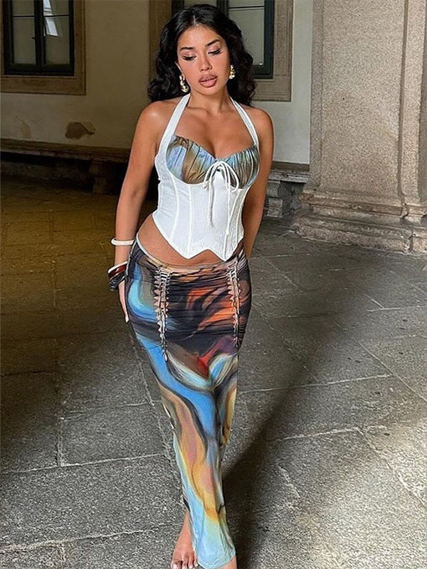 Women Printed Crop Top and Skirt Two-piece Set 3