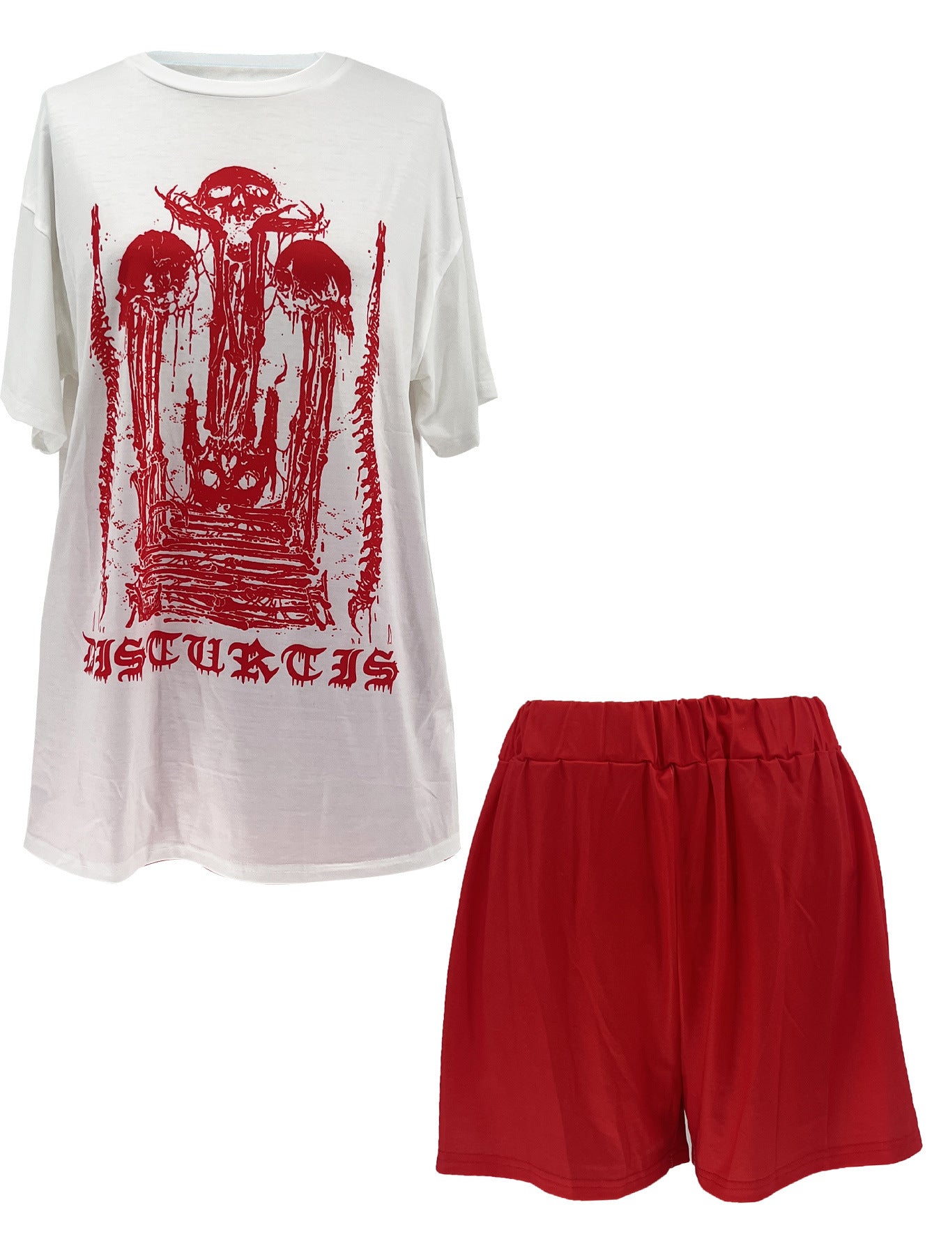 Gothic Printed Summer Fashion Loose T-Shirt Elastic Waist Shorts Two Piece Set 4