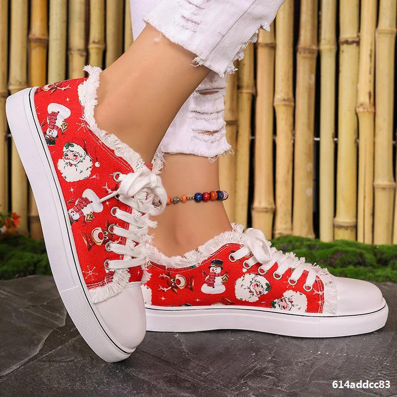 Christmas Santa Claus Pattern Print Red Casual Canvas Women's Plus Size Shoes 3
