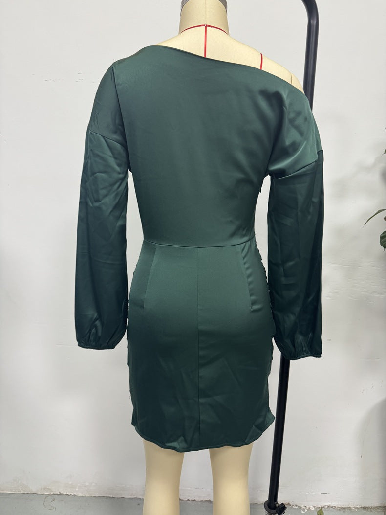 Women Fall Slash Shoulder Long-Sleeved Satin Dress 9