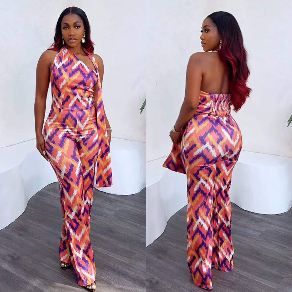 Elegant Printed Halter Wide-Leg Jumpsuit