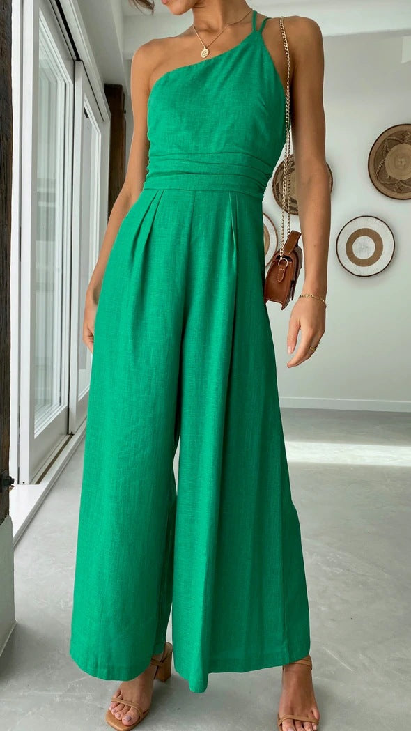 Women's Spring/Summer Solid Color Loose Wide Leg Linen Jumpsuit 23