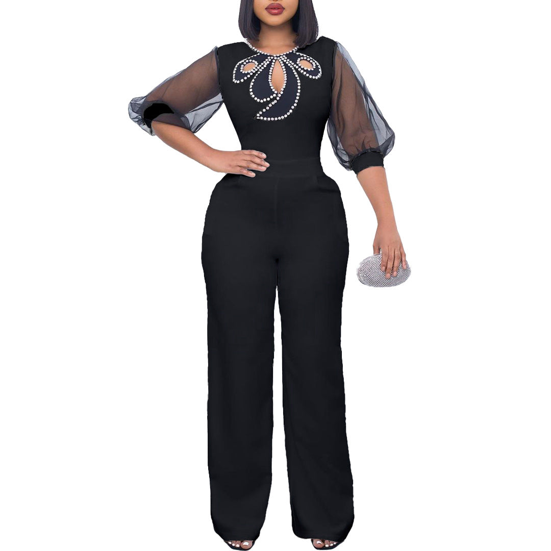 Women'S Summer Short Sleeve Puff Sleeve Beaded Sexy Wide Leg Slim Waist Plus Size Jumpsuit 6