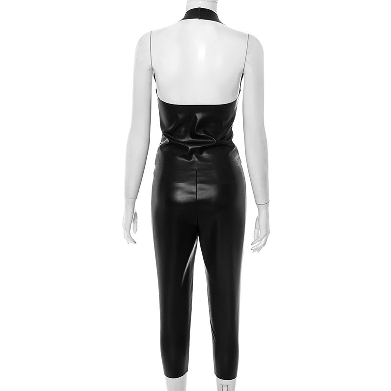 Women Sexy Solid Pu-Leather Halter Neck Backless Top and Pants Two-Piece Set 7