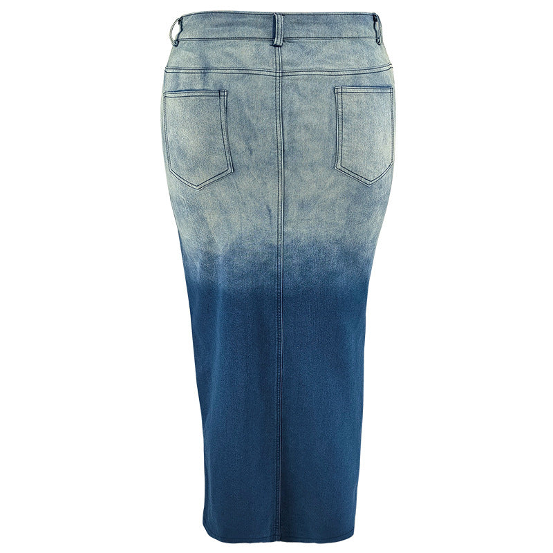 Plus Size Women Gradient Slit Denim Skirt 9