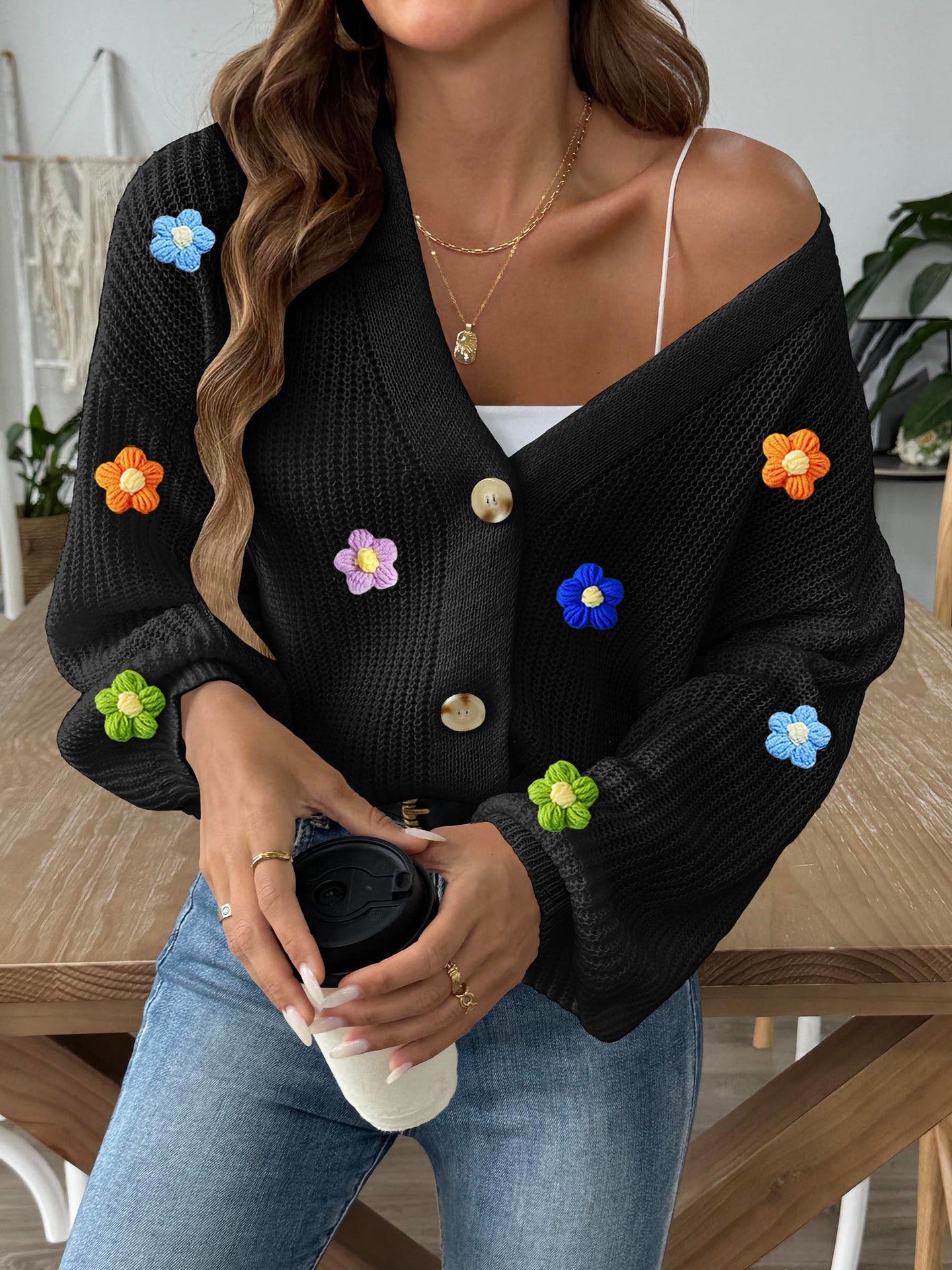 Women's Autumn Winter Flower Patchwork Button Coat Sweater Cardigan