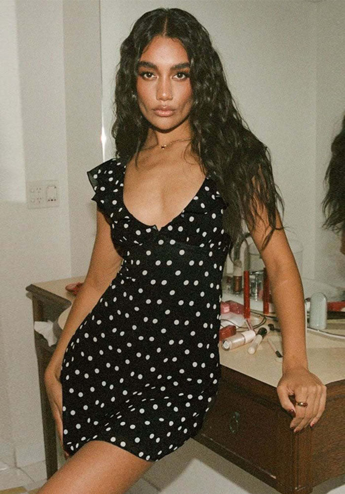 Women Polka Dot Print Sexy V-neck Patchwork Mesh Mini Dress