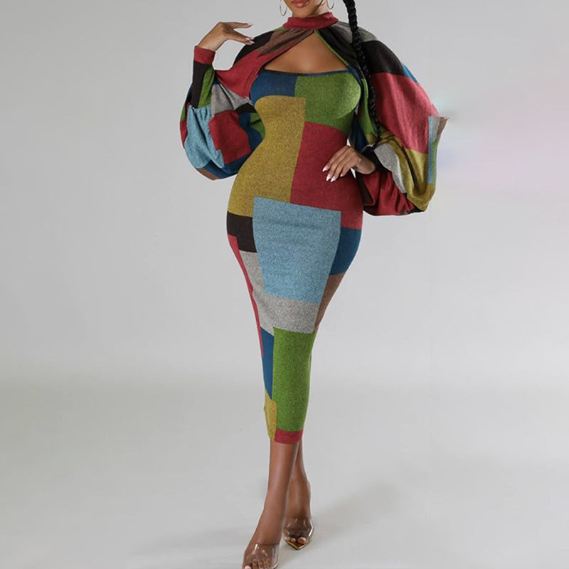 Women Patchwork Contrast Print Long Sleeve Dress 5