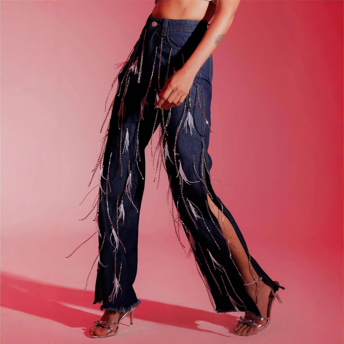 Women buttoned tassel straight side slit Denim trousers 5