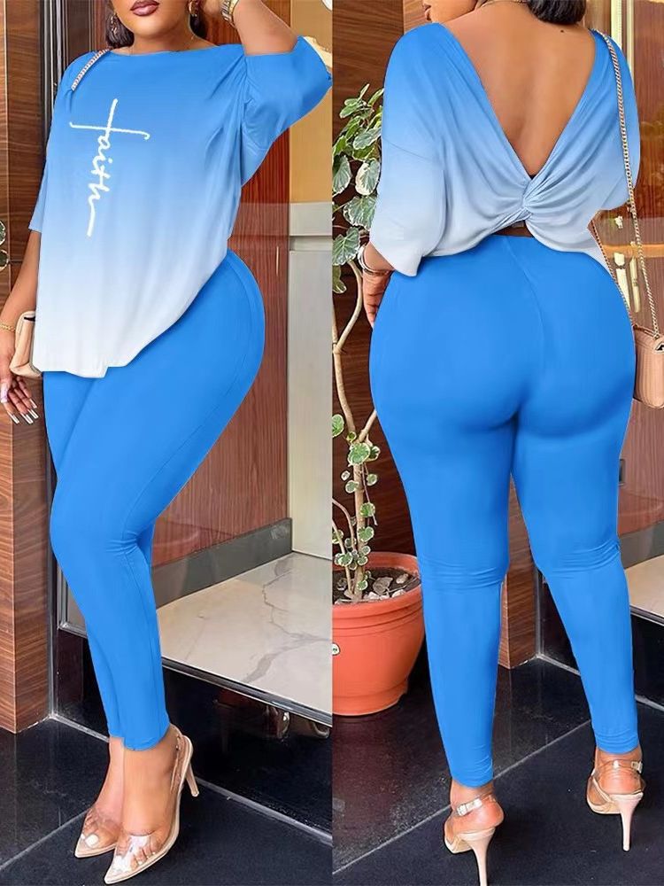 Women Autumn Casual Backless Printed Top and Pants Two-piece Set 9