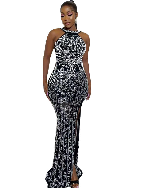 Women solid beaded Bodycon Backless Sexy Slit Dress 7