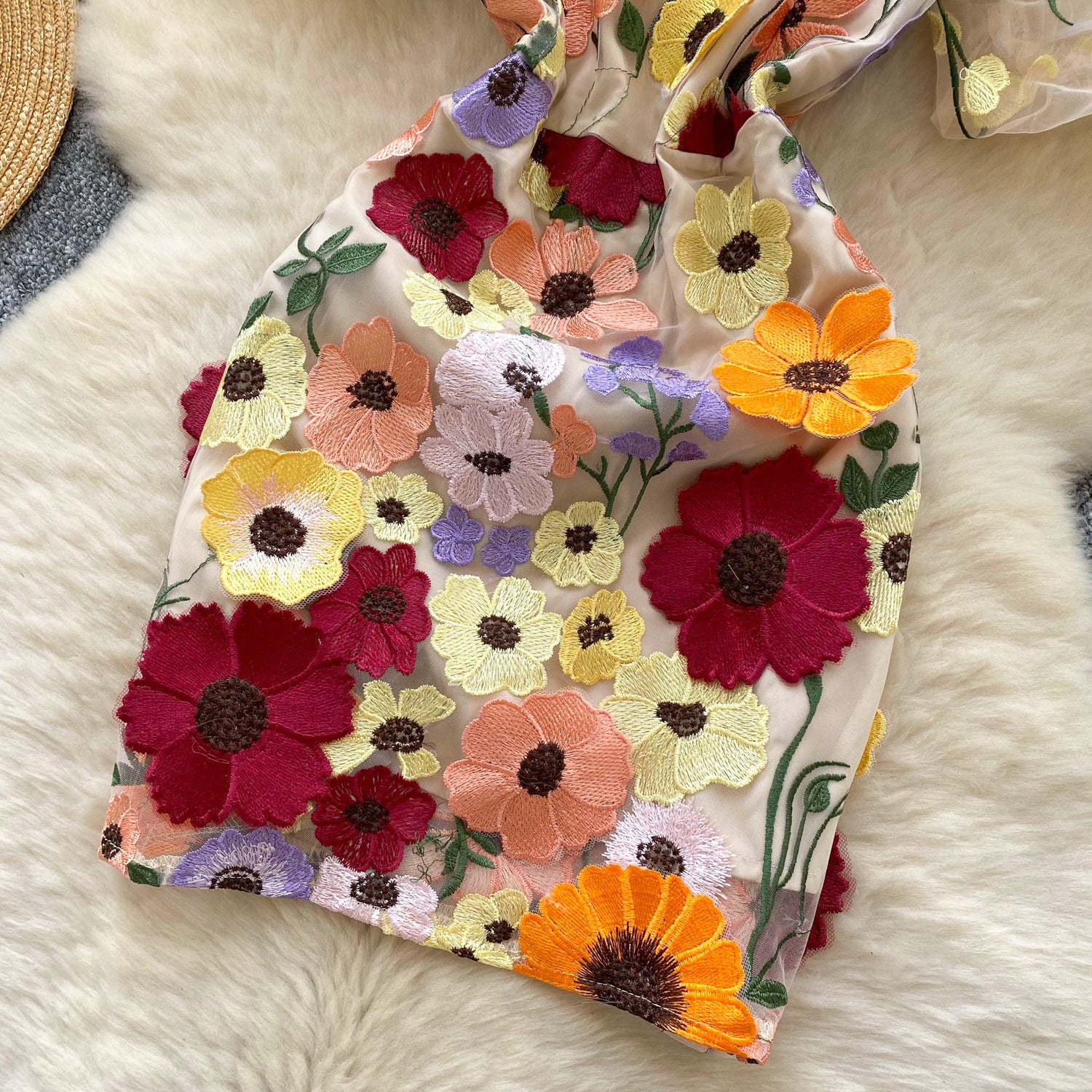 Women's  Luxury Embroidery Mesh Puff Sleeve Slim Waist Short Chic Dress 28