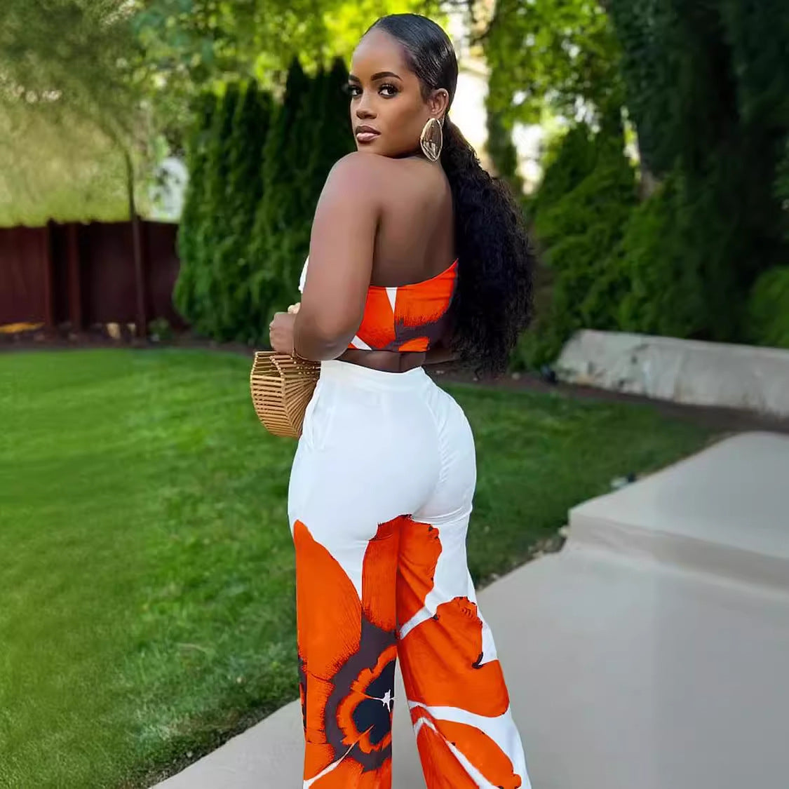 Printed One-Shoulder Top Slim Wide-Leg Pants Two-Piece Set 5